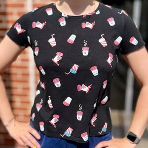 Pull & Bear Women's Black Cotton Coffee Theme Print Short Sleeve T-Shirt M